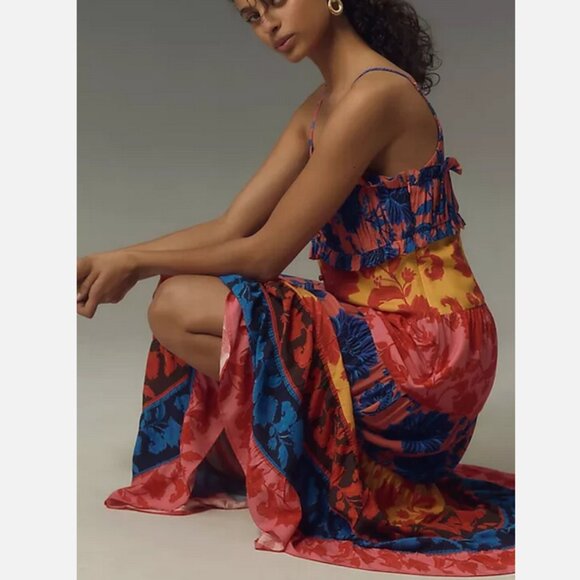 Farm Rio x Anthropologie Button-Front Tiered Maxi Dress Floral Size XS NWT - Picture 3 of 6